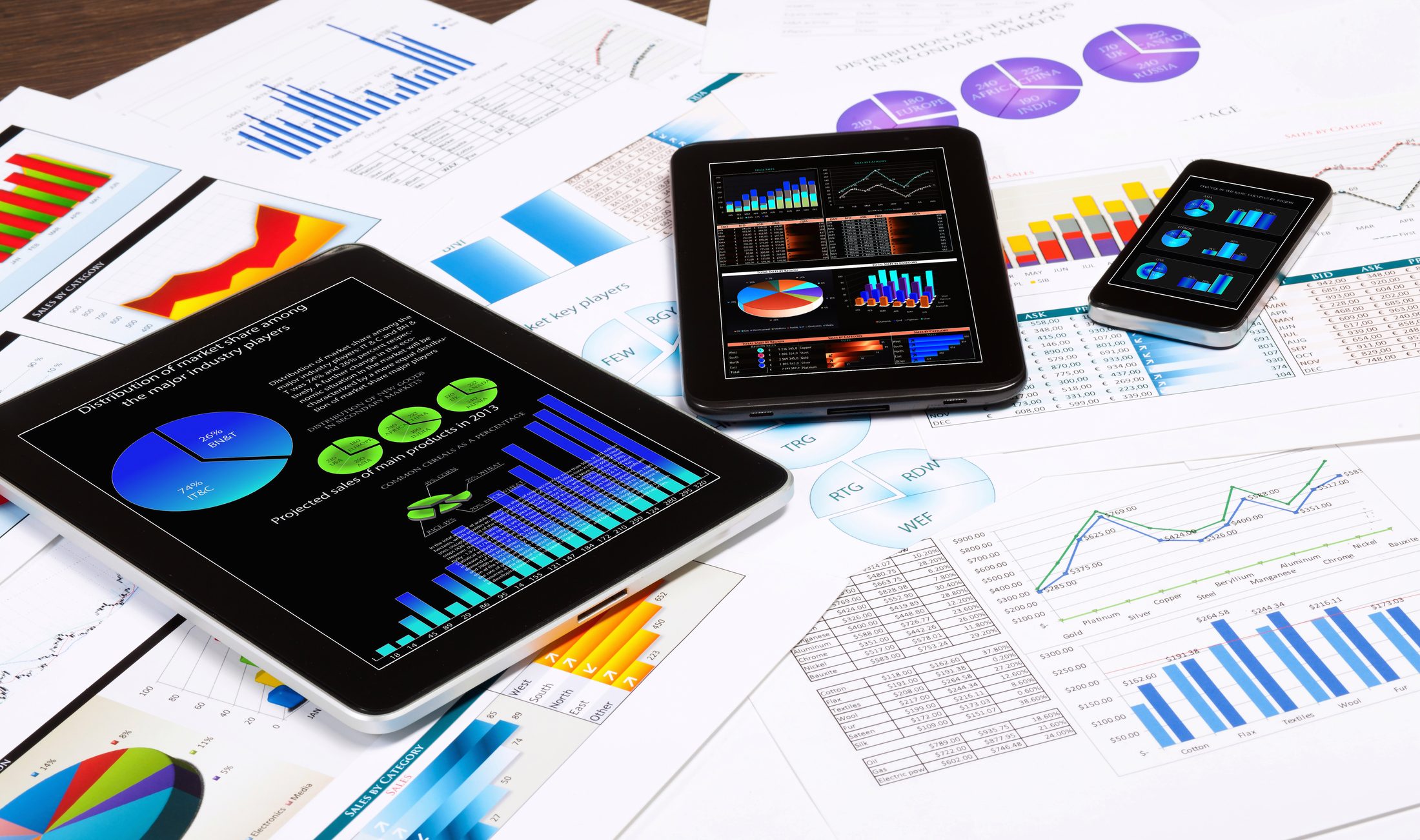 Diagramme und Tabellen auf Papier, dazu Tablets und ein Smartphone